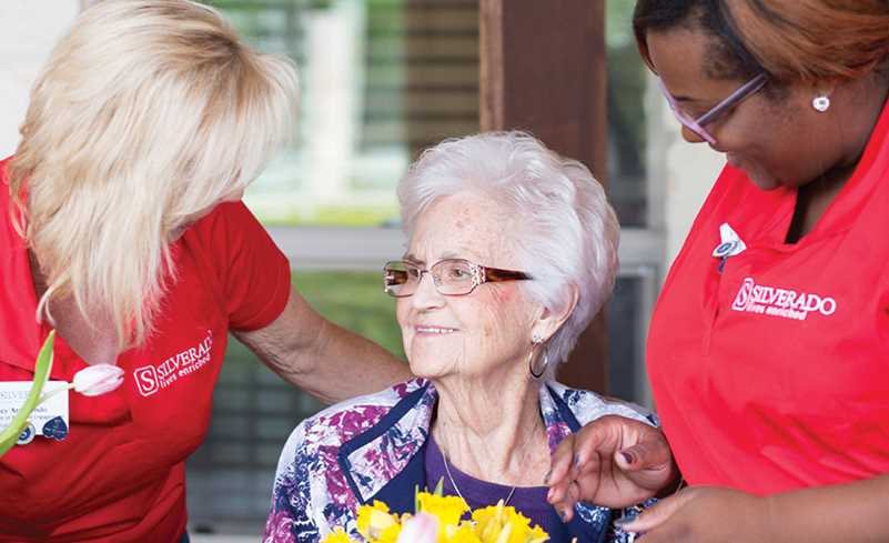 Elderly woman being helped by Silverado team