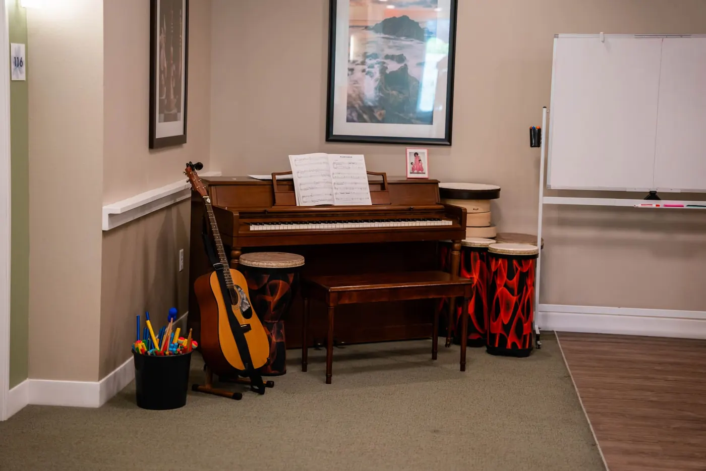 The music room, with a piano and guitars
