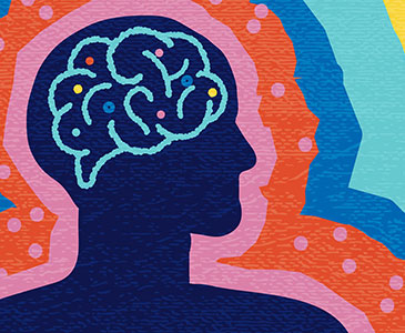 Illustration of a human profile with a colorful brain, representing brain health and mental wellness