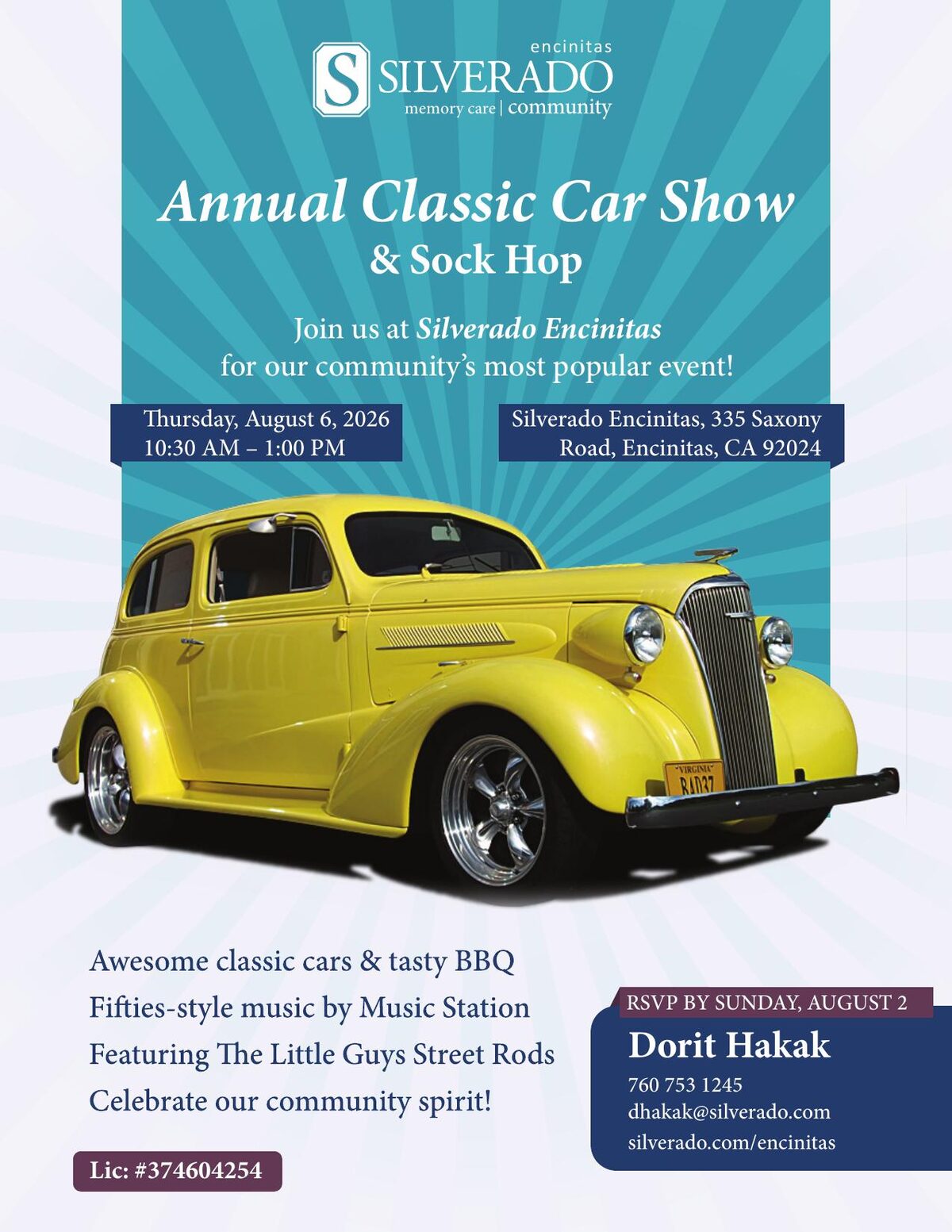 Flyer for Silverado Encinitas' Annual Classic Car Show and Sock Hop on Thursday, August 6, 2026, 10:30 a.m. to 1:00 p.m., featuring a restored yellow classic car.