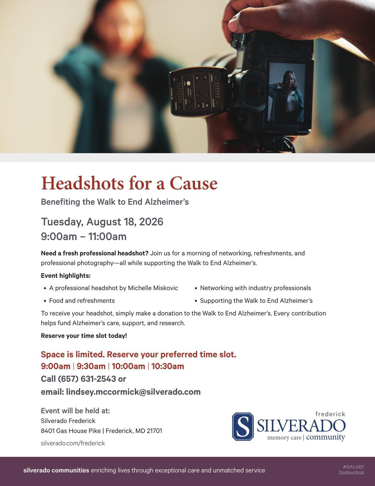 Flyer for Headshots for a Cause at Silverado Frederick on Tuesday, August 18, 2026, 9:00 to 11:00 a.m., benefiting the Walk to End Alzheimer's.