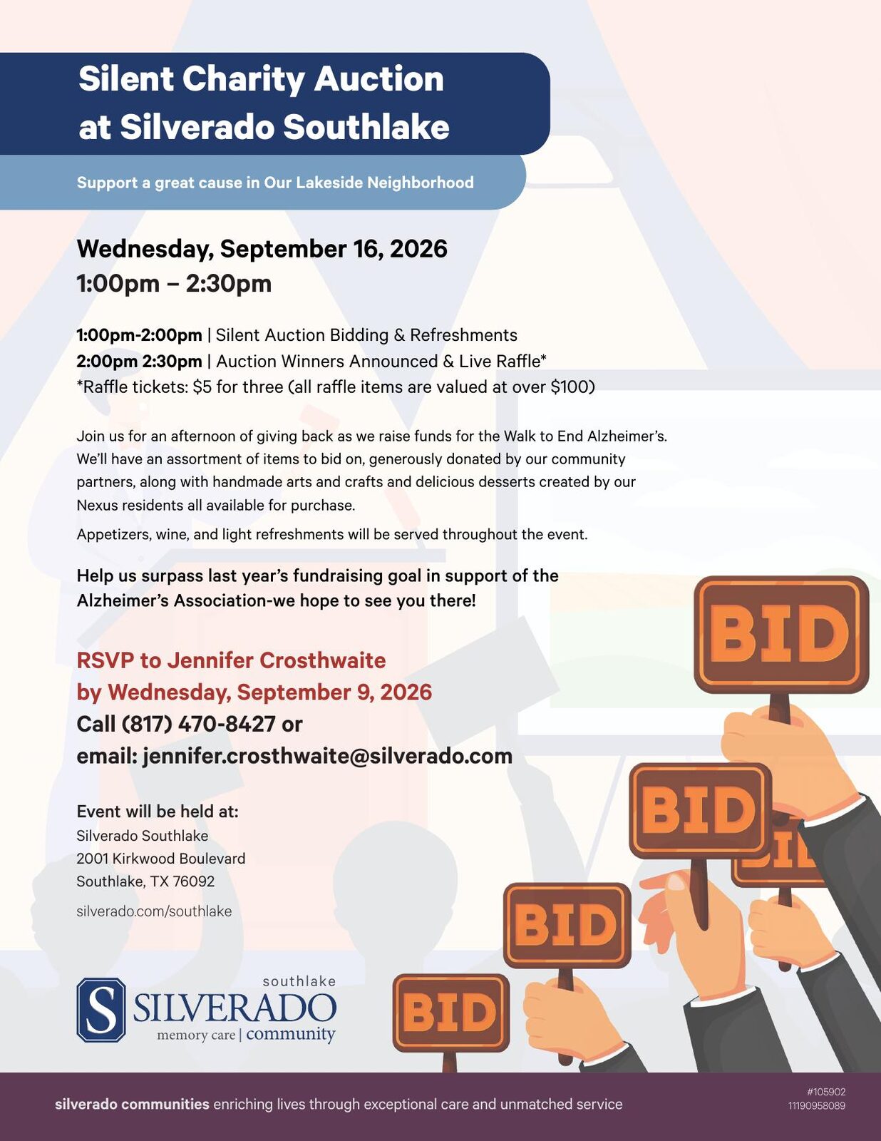 Silent Charity Auction at Silverado Southlake, Wednesday September 16 2026, 1:00pm to 2:30pm