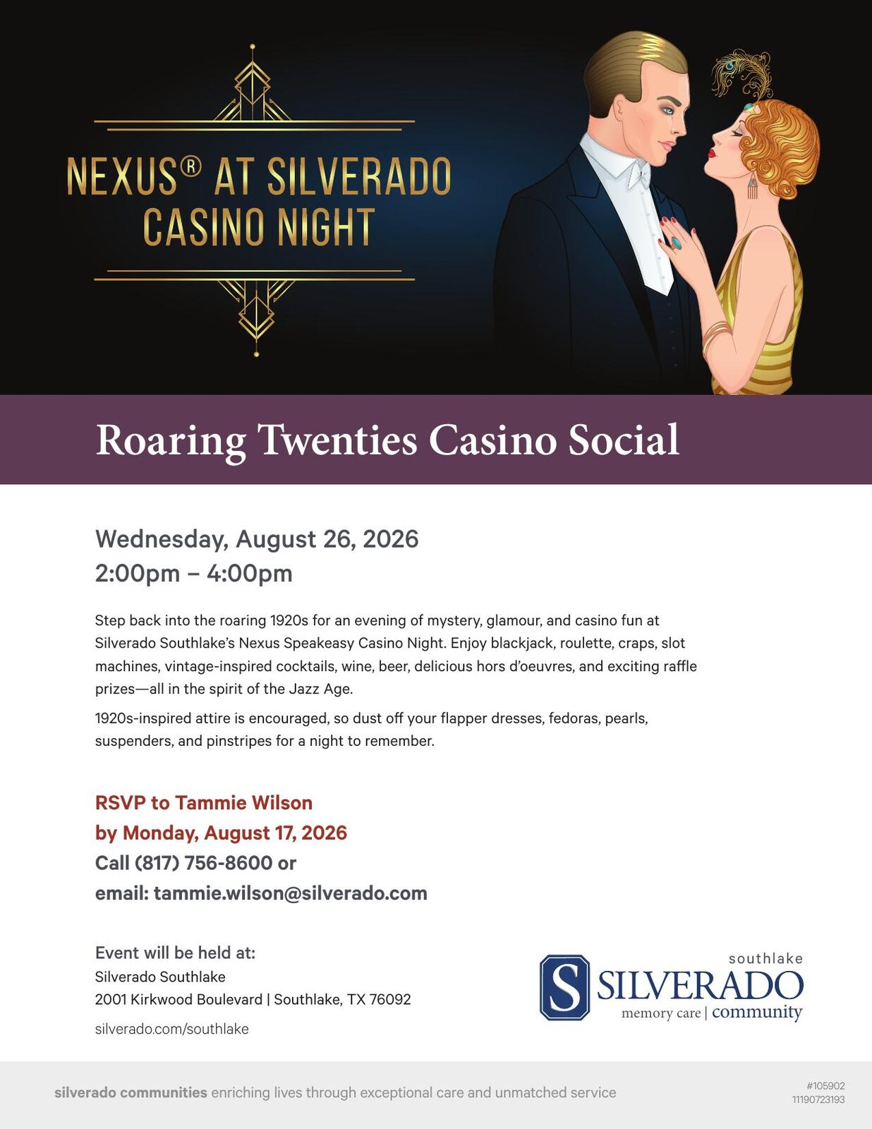 Roaring Twenties Casino Social at Silverado Southlake, Wednesday August 26 2026, 2:00pm to 4:00pm