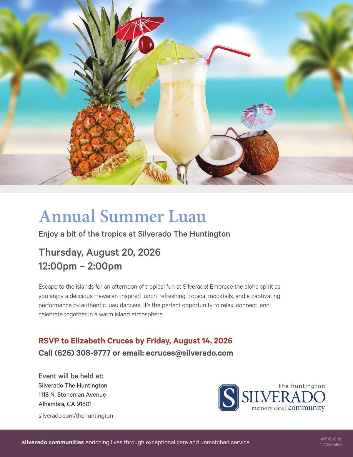 Flyer for Silverado The Huntington's Annual Summer Luau on Thursday, August 20, 2026, 12:00 to 2:00 p.m., with a tropical drink, pineapple, and coconut on a beach.