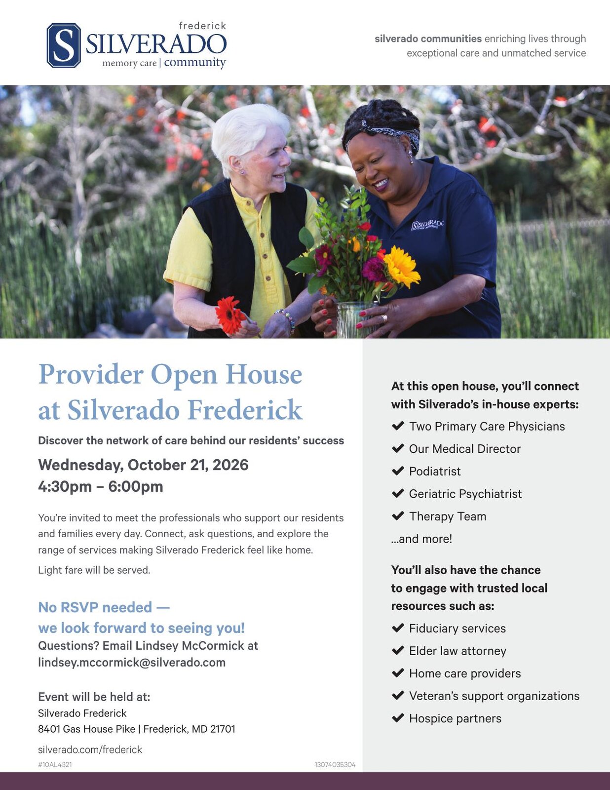 Provider Open House at Silverado Frederick, Wednesday, October 21, 2026, 4:30pm to 6:00pm