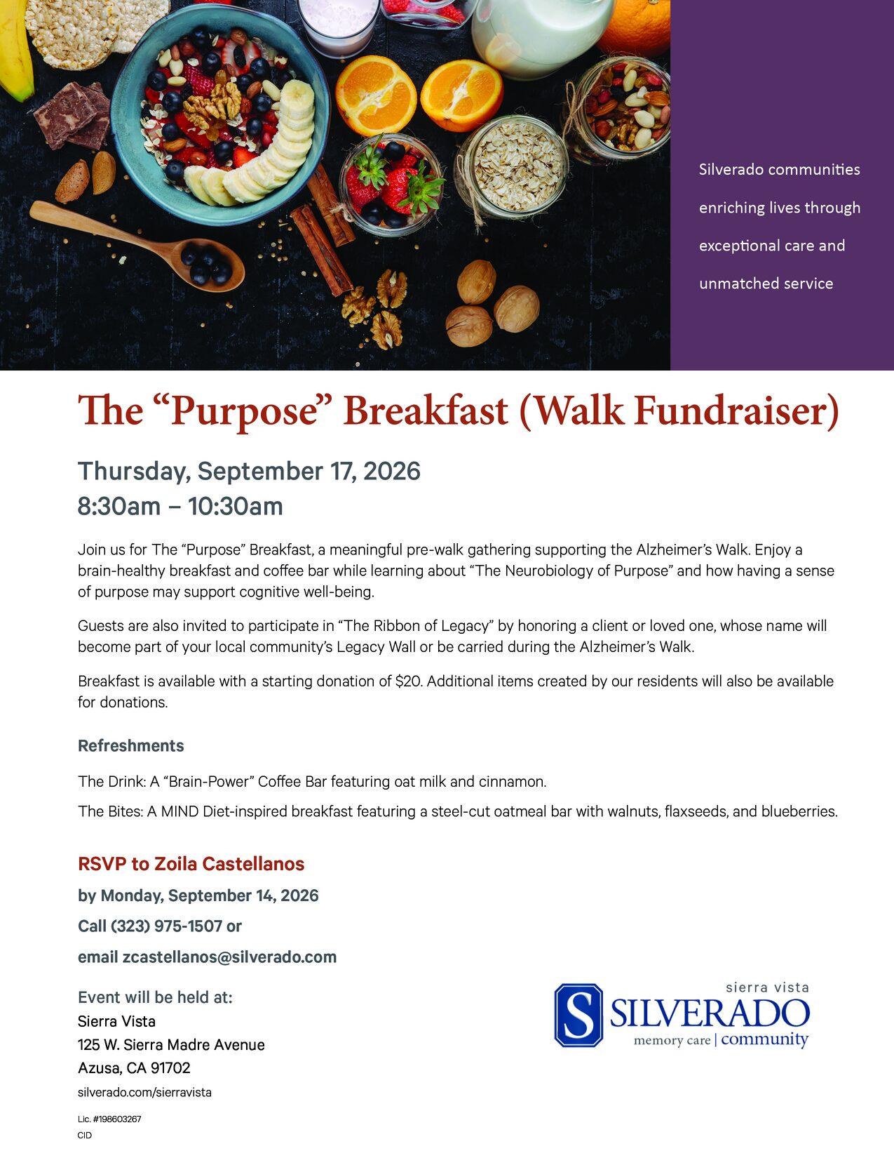 Event flyer for The "Purpose" Breakfast walk fundraiser at Silverado Sierra Vista, Thursday, September 17, 2026, 8:30 a.m. to 10:30 a.m.