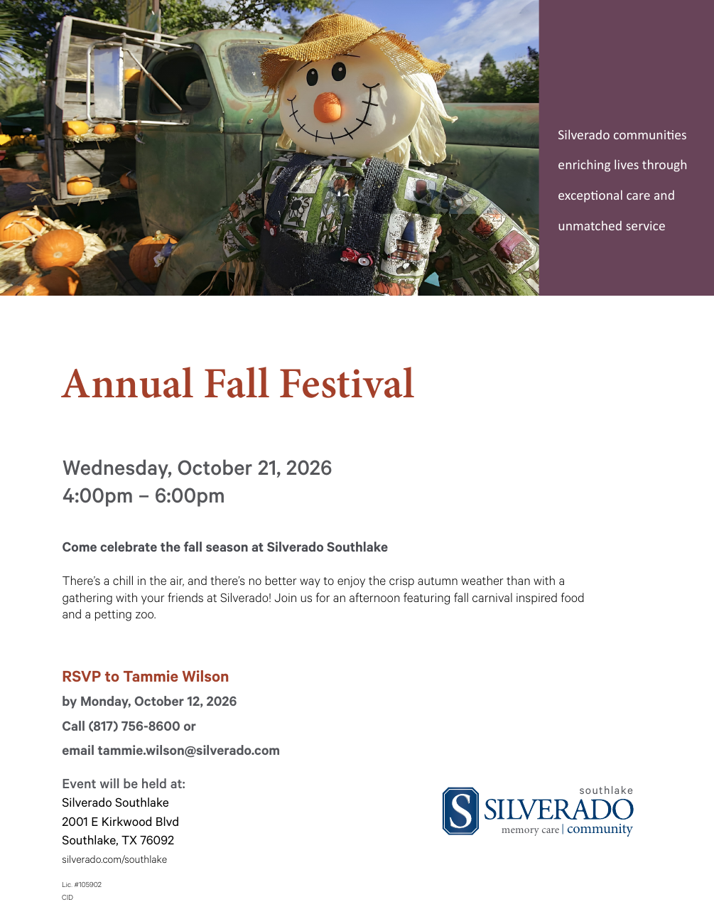 Annual Fall Festival at Silverado Southlake, October 21, 2026, 4–6 p.m. RSVP by October 12. Full event details below.